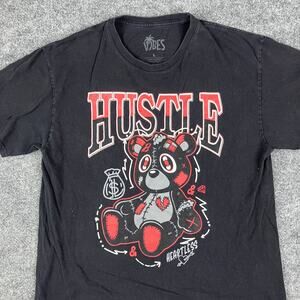 Vibes T-Shirt Mens Size L Black Hustle Teddy Bear Graphic Tee Streetwear
